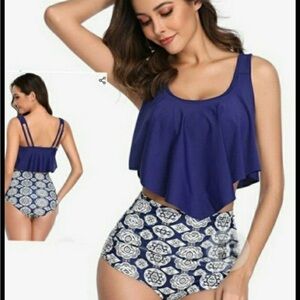 Blue Tankini with High-Waisted Patterned Bottom
